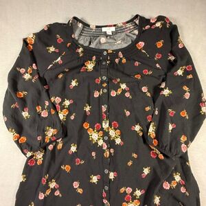 J. Jill Womens Black Floral Button Front Rayon Midi Dress Smocked Neck Size L